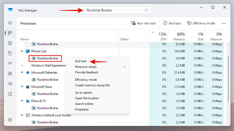 A screenshot showing End Task options next to Runtime Broker on Windows 11