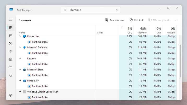 A screenshot showing Runtime Broker in Task Manager on Windows 11
