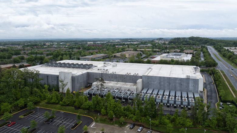 a data center near other buildings and a major roadway