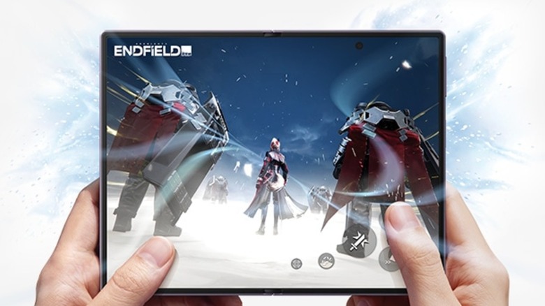 Artistic rendition of person playing Arknights Endfield on Samsung Galaxy Z Fold 8