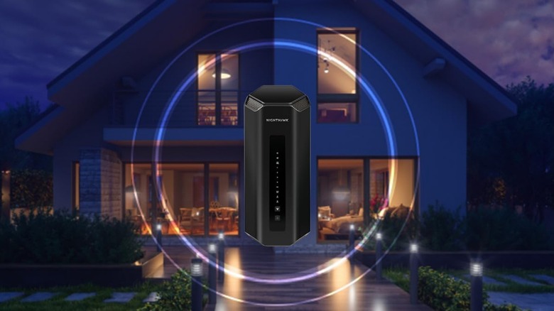 A NETGEAR WiFi 7 Router Nighthawk Tri-Band WiFi 7 (RS700S) on a background showing a home and rings illustrating its WiFi coverage