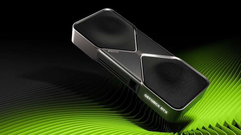 Nvidia RTX 5090 Founders Edition GPU in front of a green and black background