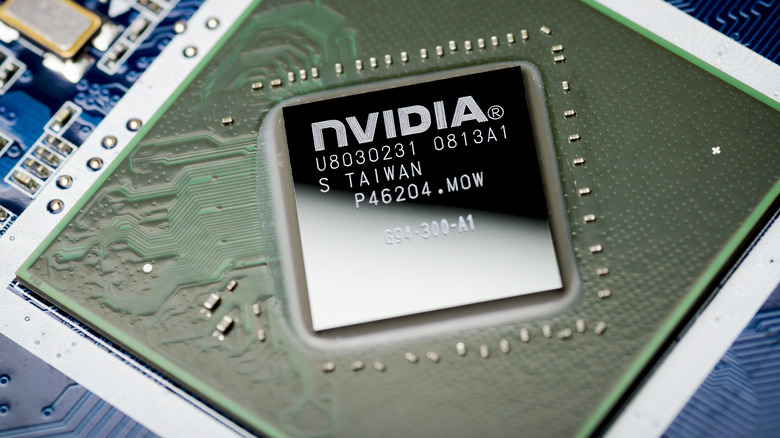 Image of an NVIDIA video chip on the motherboard, close-up.