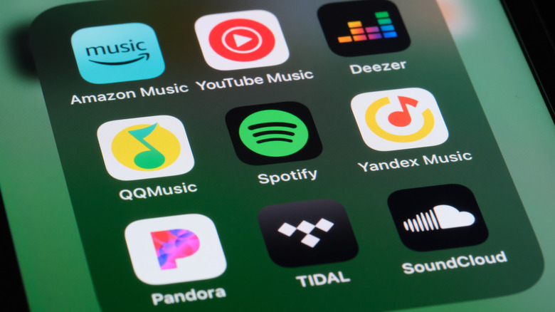 A collection of music streaming apps including YouTube Music, Spotify, Tidal, and others