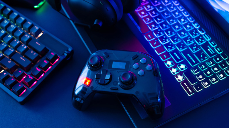Close-up of a pro console controller resting atop a keyboard.
