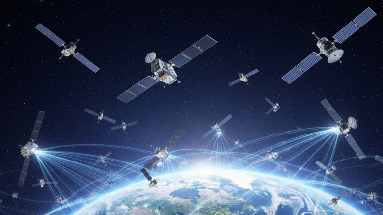 An artistic rendition of satellites beaming traffic across the globe.