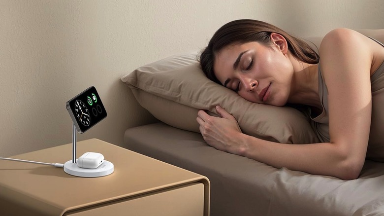 The Anker MagGo Wireless Charger (2-in-1, Stand) on a nightstand.