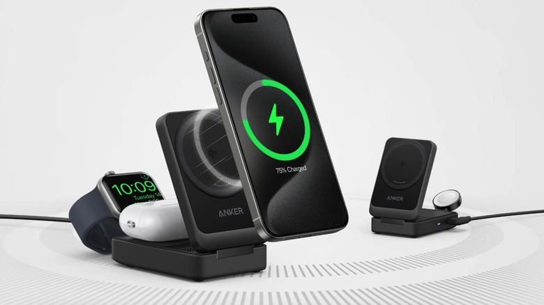 An image showing Anker MagGo Wireless Charging Station (Foldable 3-in-1) products with and without gadgets charging on the station.