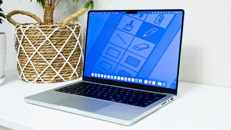 A silver MacBook Pro sits on top of a white surface, behind it is two potted plants, though one of them in a white vase is barely in frame