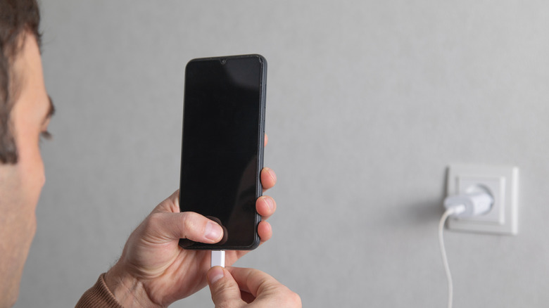A person holding their phone up with it connected to a charger