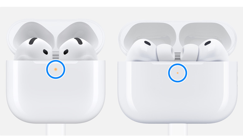 The AirPods 4 and AirPods Pro 2 charging cases with the status light circled.