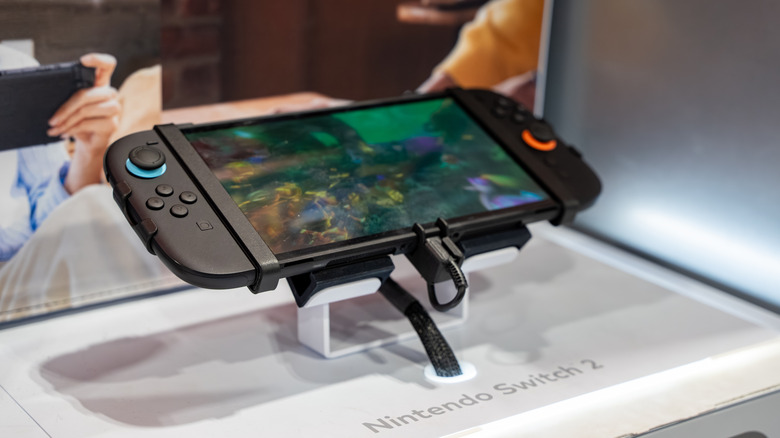 Nintendo Switch 2 handheld console displayed at gaming event booth