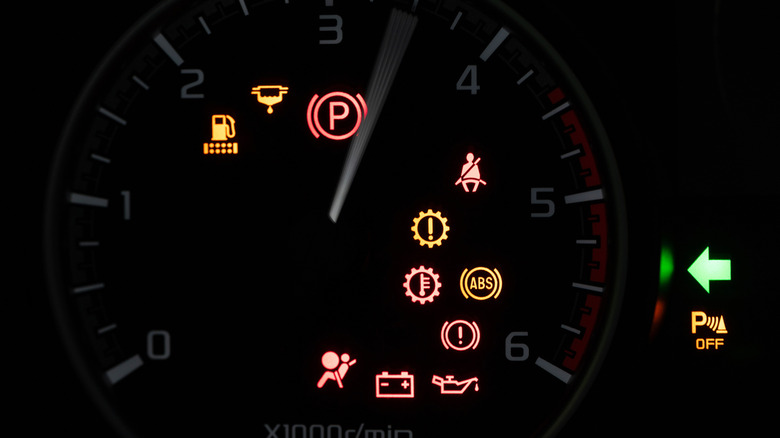 Dashboard with multiple warning lights active