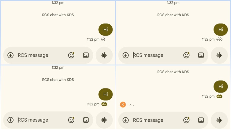 A collage of screenshots showing read receipt check indicators in Google Messages