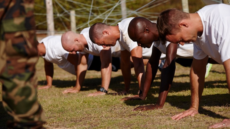 U.S. military soldiers working out outside