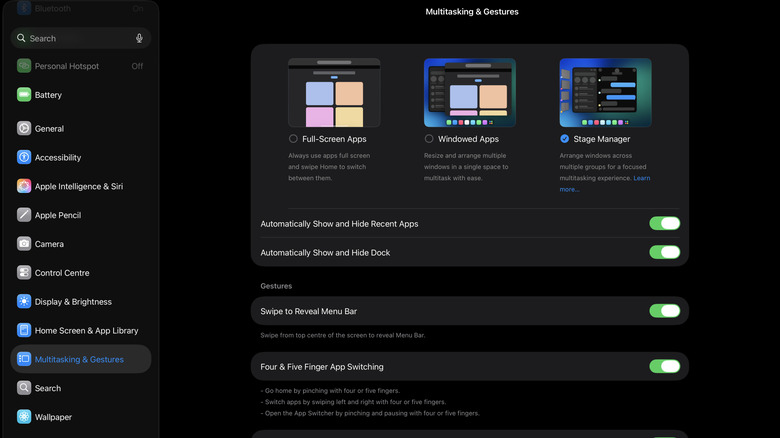 A screenshot of iPad settings in iPadOS 26 showing Windowed Apps and Stage Manager inside Multitasking and Gestures