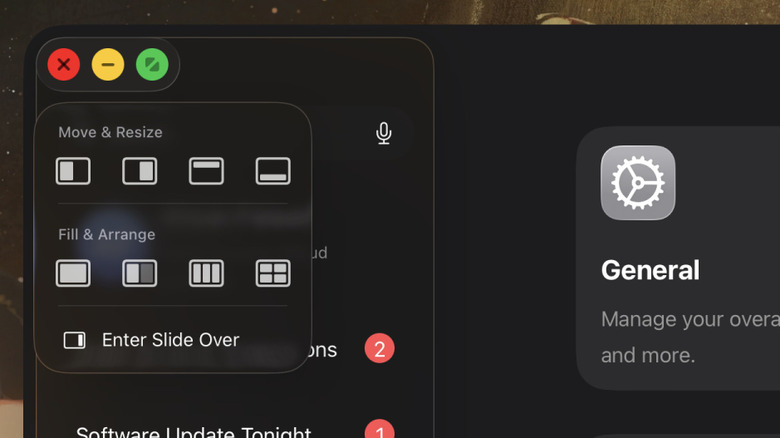 A zoomed-in screenshot of an iPad screen showing the three dots focused and the layout configuration menu open