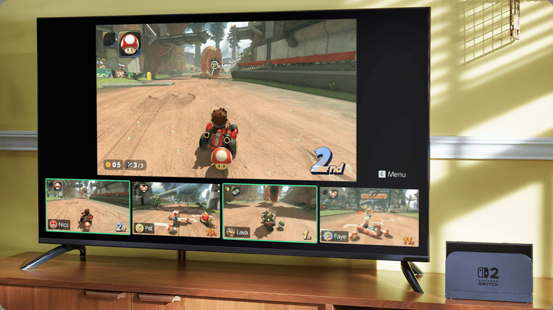 Nintendo Switch 2 GameChat screen showing multiplayer Mario Kart gameplay on a TV.