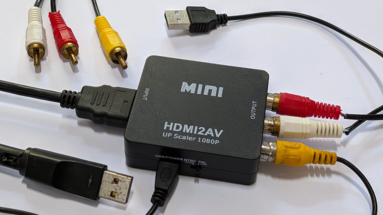 An HDMI digital-analog converter with an HDMI cable and RCA cables connected to it.