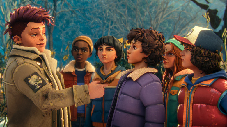 Nikki giving something to Eleven as Mike and the others stare at her