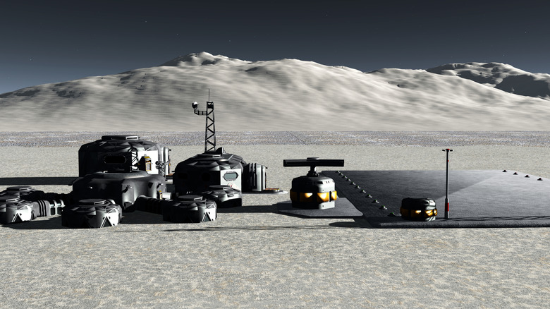 CGI rendition of what a moonbase would look like, with inflatable structures on its bleak surface
