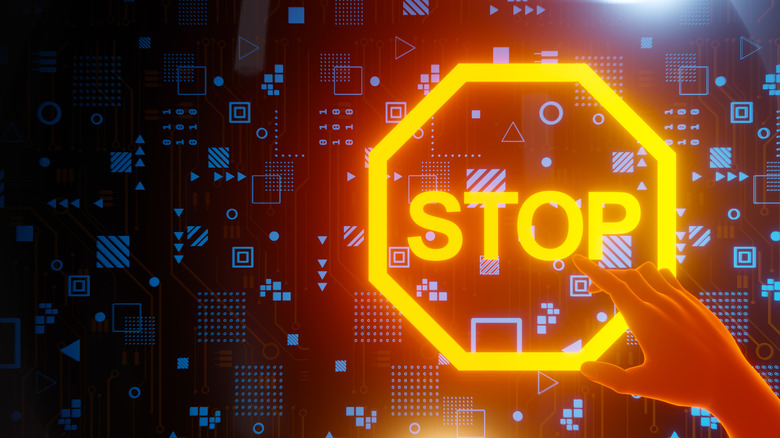 A "stop" sign overlaid on various digital symbols.