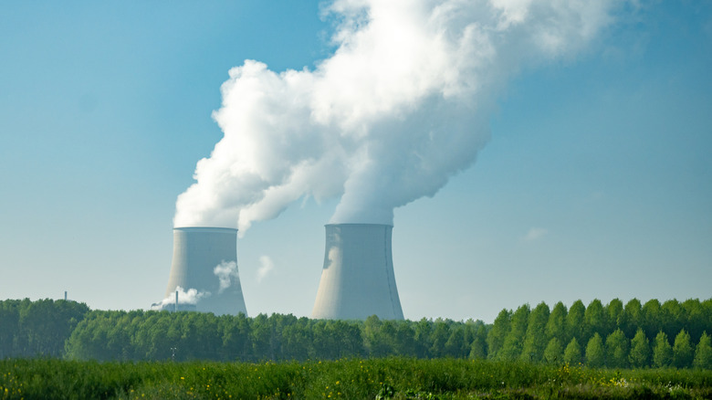Two nuclear power plant cooling towers against a blue sky with a field and trees in the foreground