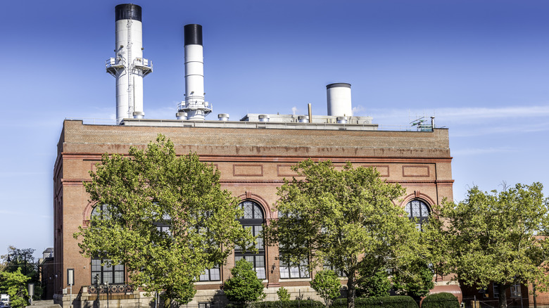 an older power plant with trees in front of it, large windows visible beyond the trees