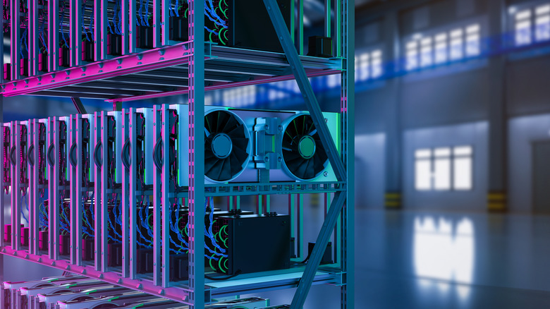 Artistic rendition of crypto mining rig consisting of racks of GPUs