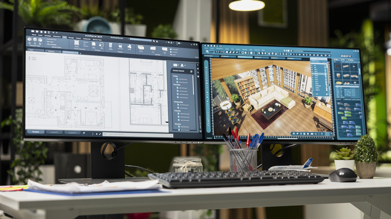 Dual monitor setup displaying architectural floor plans and a 3D interior design workspace on a desk.