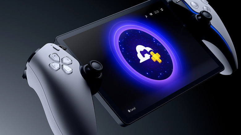PlayStation Portal handheld displaying PlayStation Plus interface on portable screen.