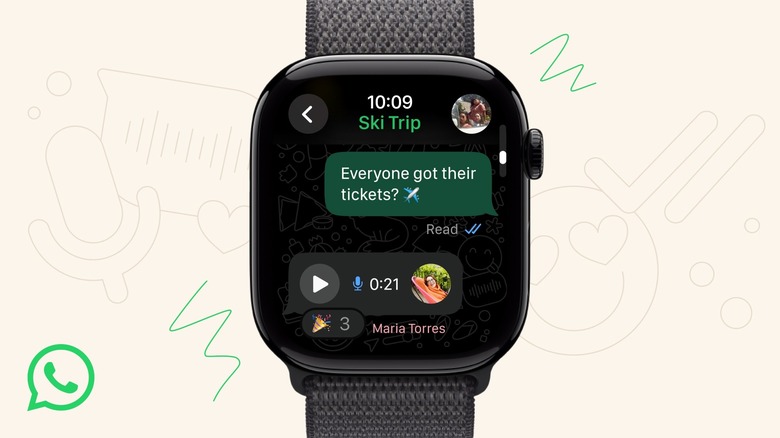 An illustration showing an Apple Watch with WhatsApp on the screen