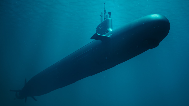 An image of a submarine, submersed in a body of water.