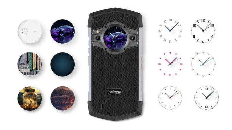 The Unihertz TickTock phone alongside possibilities for its rear display.