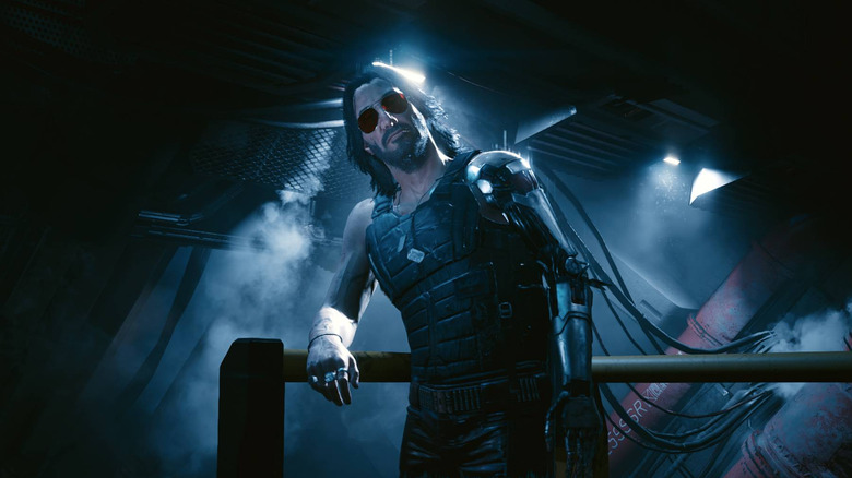 Johnny Silverhand in Cyberpunk 2077 during a dark futuristic scene in a Nintendo Switch 2 screenshot.