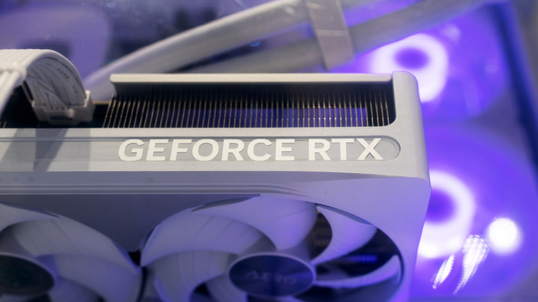 A close-up shot of a white GeForce RTX card