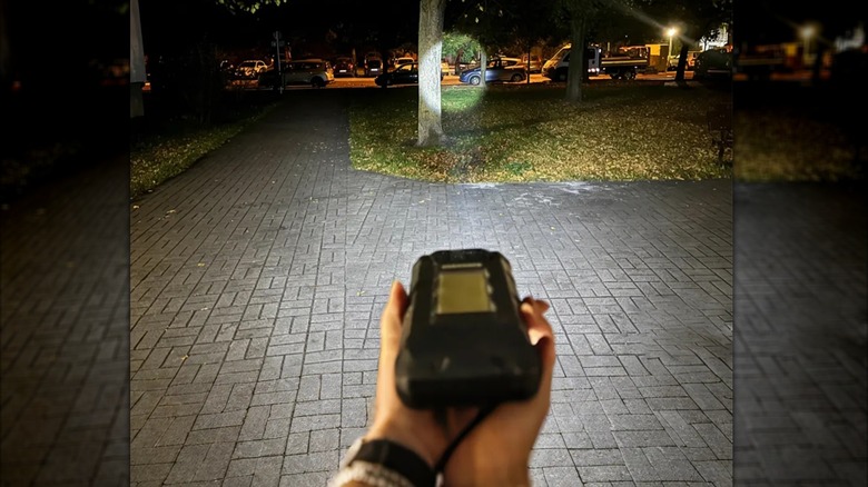 Hands holding the 8849 Hike pointing the flashlight at a tree at night.