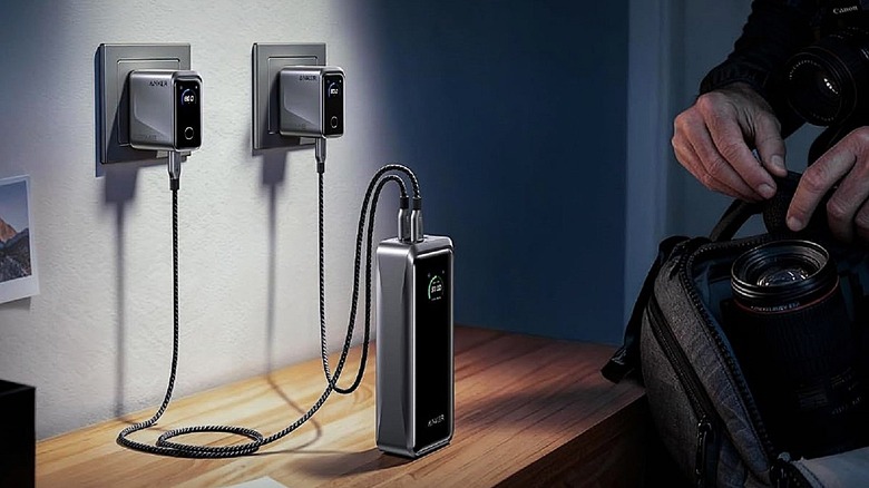 Anker Prime Power Bank 26K on the counter plugged into two outlets.