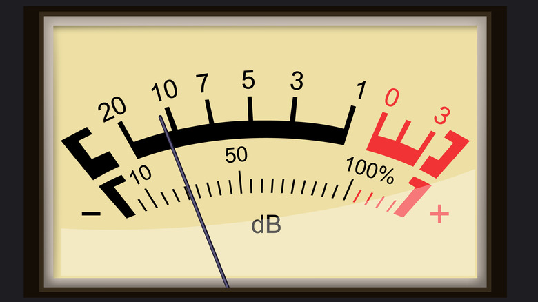 Decibel gauge on an analog audio receiver.