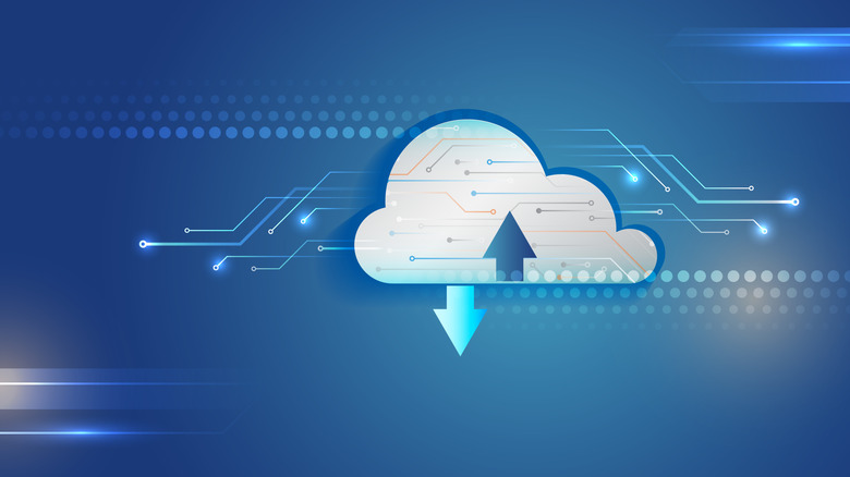Cloud storage represented by a cloud icon, overlayed with arrows and circuits