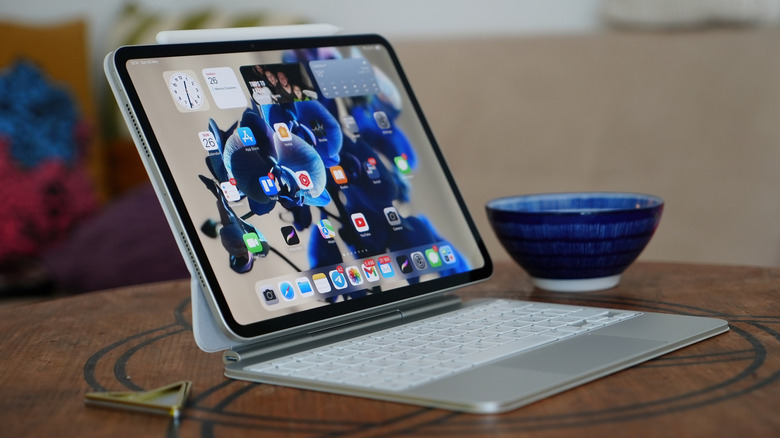 An iPad Pro on a table with the magic keyboard attached