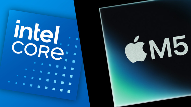 Intel Core and Apple M5 logos side by side