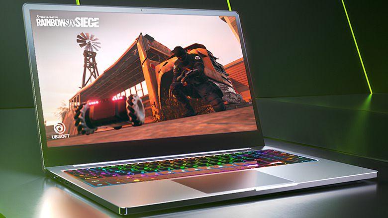 GeForce RTX 2050 laptop promo image running Rainbow 6 Siege