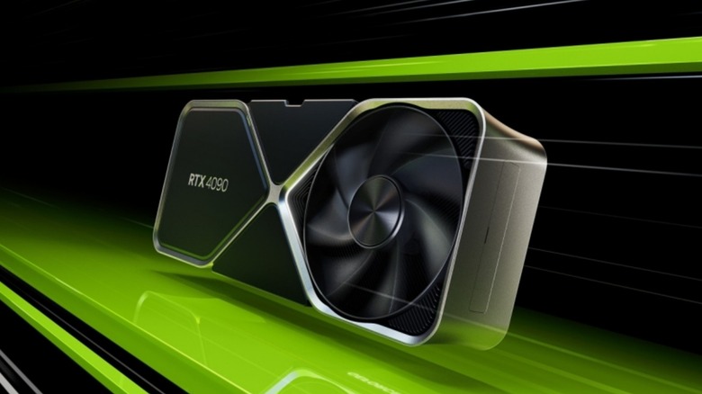 Nvidia GeForce RTX 4090 in front of an artistic green background