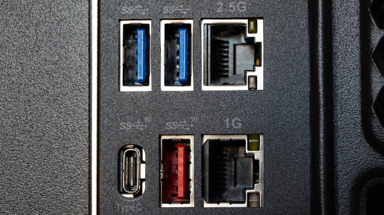 Close-Up of the back of a CPU showing different USB and Ethernet ports