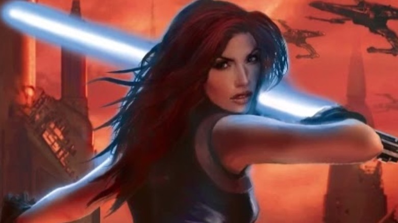 Mara Jade swinging a lightsaber