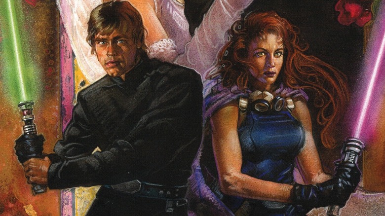 Luke Skywalker and Mara Jade drawing lightsabers