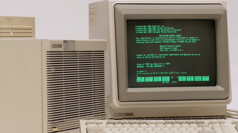 A picture of the HP-150, an old-school computer with its screen turned on, displaying green text