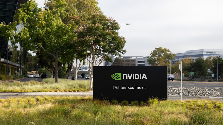 A black sign featuring the Nvidia logo at Nvidia Voyager, 2788-2888 San Tomas Expressway, Santa Clara, California.