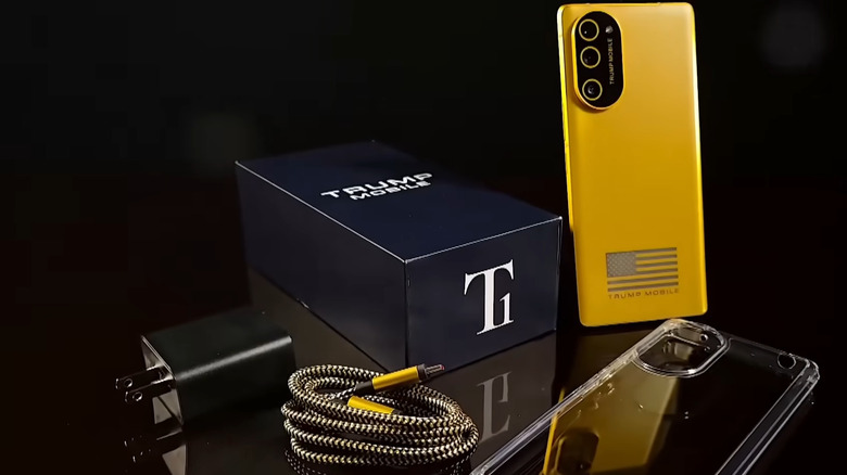 Trump Mobile T1 phone next to its packaging.